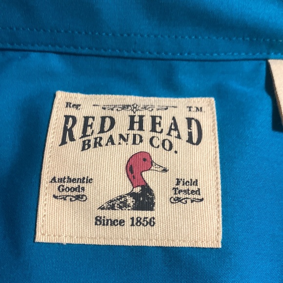 Red Head turquoise, short sleeve button down top - Picture 3 of 5